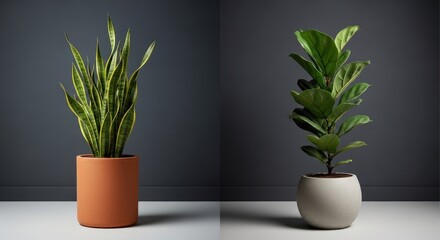 Fototapeta premium Two indoor plants in terracotta and white pots against a dark gray background