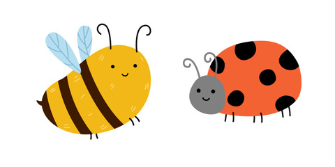 Bee and ladybug vector set with cute garden insects in hand-drawn doodle style. Minimalist kawaii bumblebee and ladybird characters for nursery decor, kids stationery and baby textile design isolated © Olena Yevsikova