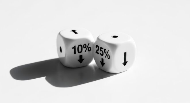 Two white dice show percentage decreases with down arrows and shadows on a white surface