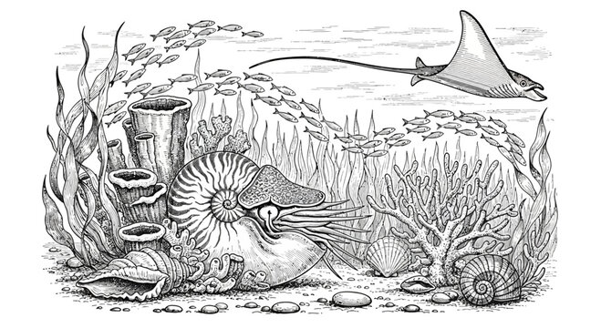 Detailed Underwater Marine Life Illustration with Nautilus and Stingray