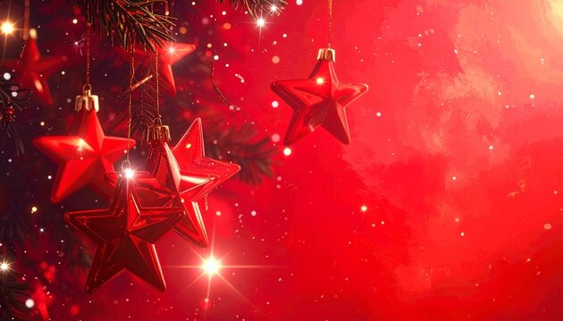 "Festive Christmas tree with shiny red star ornaments and glowing lights on vibrant red background"