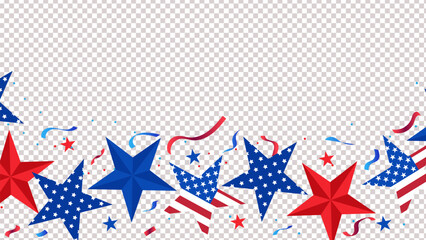 Fototapeta premium Patriotic Fourth of July celebration border with red blue stars confetti and ribbons USA Independence Day festive decoration