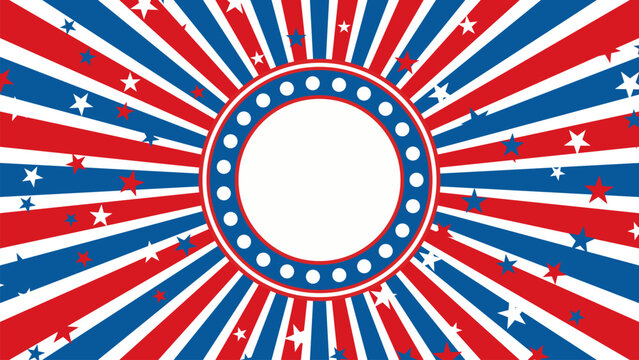 Patriotic USA Independence Day starburst background with red blue rays stars circular frame Fourth of July celebration design