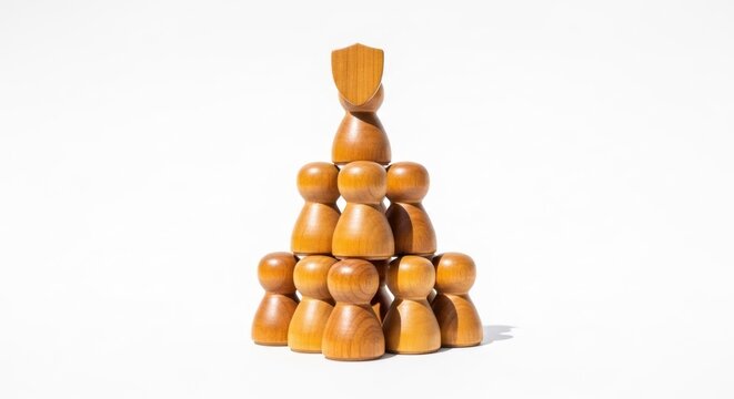 Wooden figurines stacked in a pyramid shape with one atop a shield