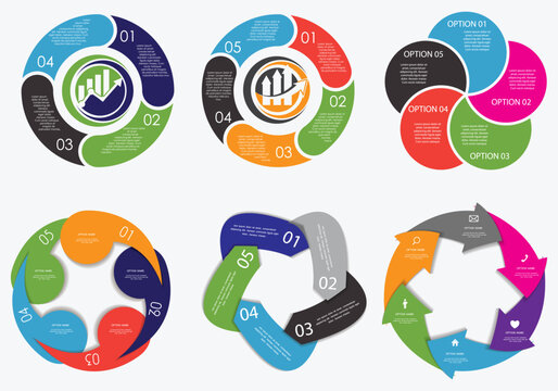 Circle arrows diagram infographic set. Business Steps infographic template. Circular arrows with 2-5 steps, options. Process chart, cycle diagram for business presentation, report, brochure.