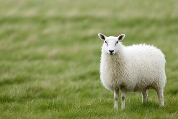 Fototapeta premium Fluffy white sheep standing in green pasture farmland scene