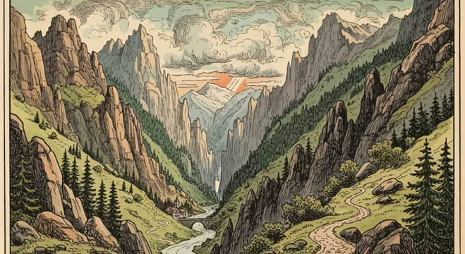 Vintage Illustration of a Mountain Valley with River and Path