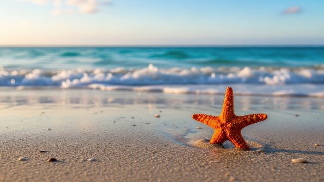 A vibrant orange starfish on a serene beach at sunset