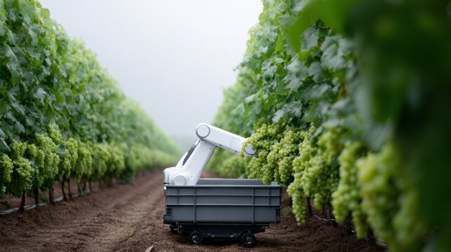 AI robot helping farmer harvest crops using smart agriculture tools