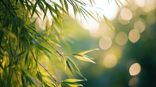 Green bamboo leaf nature foliage sunlight summer bokeh forest environment natural background with soft blur, peaceful foliage and sunlight in green bamboo forest, calm summer nature atmosphere
