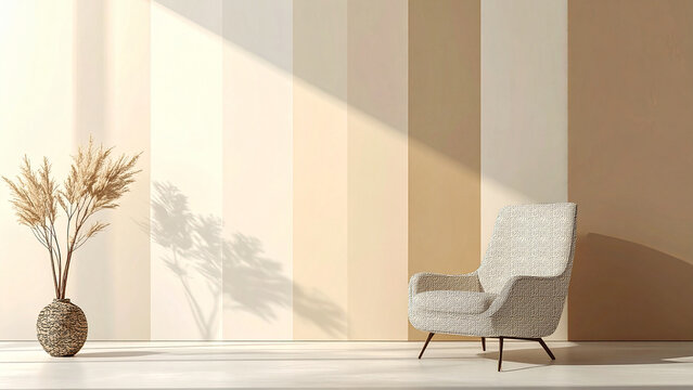 4K Panoramic 16:9 Modern Minimalist Interior with Textured Fabric Armchair and Scratched Vase