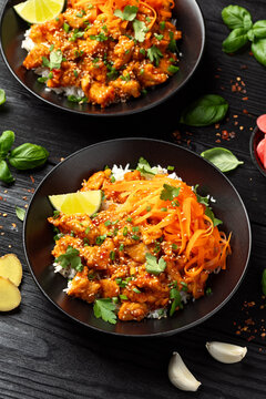 Sweet and Sour Tempeh with rice and pickled vegetables. Healthy vegan food