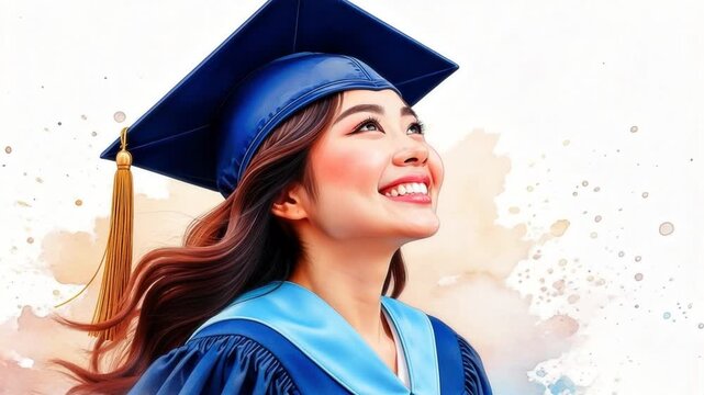 Young graduation graduate in cap and gown, smile and happy success, achievement portrait of young adult woman celebrating academic education milestone with proud joyful radiant expression