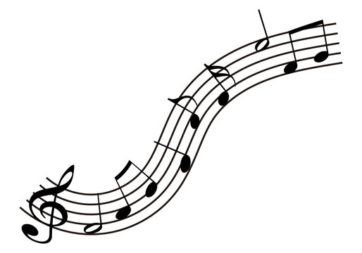 Pentagrama curvo con notas musicales y clave de sol 