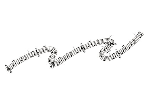 L&iacute;nea ondulada de pentagramas con notas musicales y claves de sol