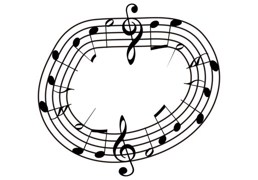 Pentagrama de forma ovalada con notas musicales y claves de sol 
