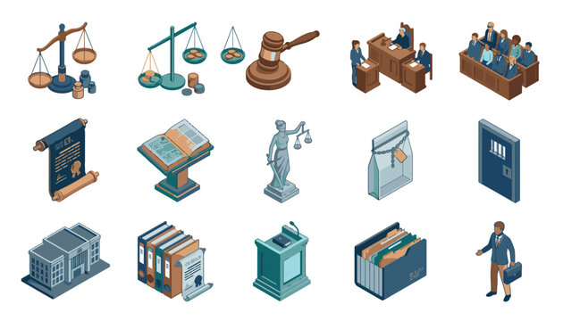 Isometric icons representing various aspects of law, justice, and legal proceedings, including court, documents, and legal professionals.
