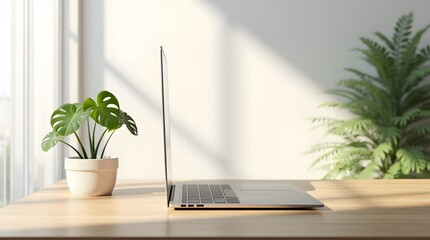 Fototapeta premium Clean Minimal Desk with Laptop and Plant in Warm Natural Light