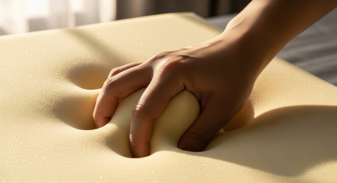 Close-up of Hand Pressing Soft Memory Foam Material for Comfort and Support