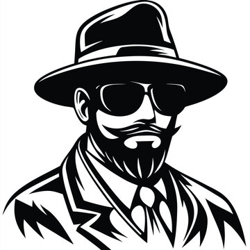 Monochrome bearded man with sunglasses and a hat looks assertive and sophisticated