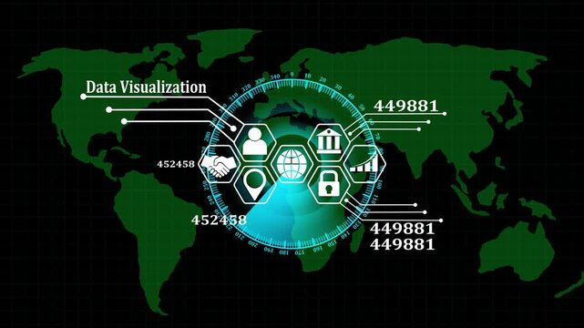 Global business data visualization interface featuring a digital map background with interactive h u d and analytical with 4k video.