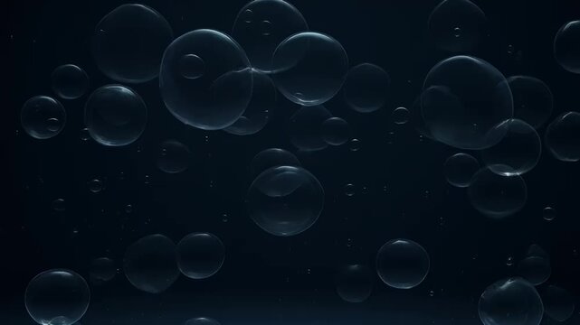 Cinematic dark bubbles floating in black space, ethereal transparent spheres rising slowly, moody liquid air bubbles background