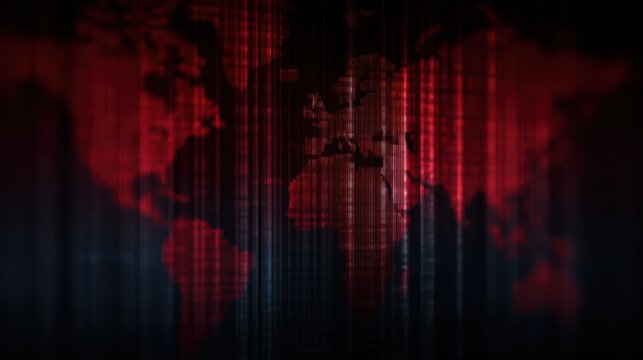 Dark digital world map covered in cyber attack code streams