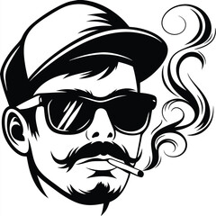 Obraz premium Monochrome man in cap smokes with bold mustache and sunglasses in portrait
