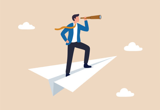 Business vision to see opportunity or strategy, discovery or visionary to look forward in business concept, confidence businessman leader on flying high paper plane looking forward through telescope