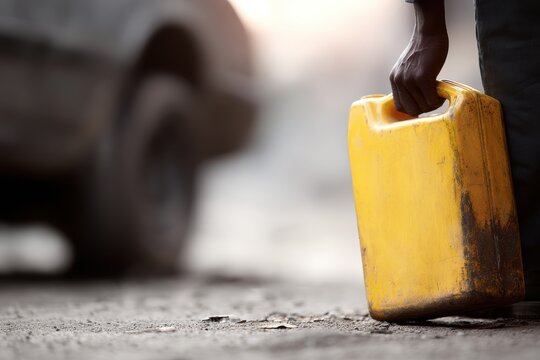 Man holding empty fuel container beside broken car