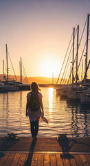 Fototapeta premium Solitary Journey: Man Walking Along Marina Pier at Golden Sunset