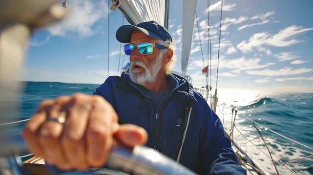 Veteran skipper expertly navigates the open sea on a bright sunny day while steering a sailboat with confidence and precision