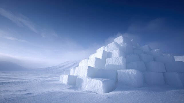 Igloo made of ice blocks standing in snowy Arctic landscape under blue sky