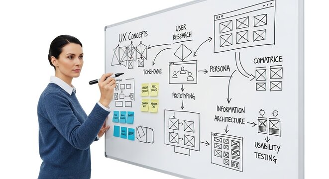 UX Strategy on Whiteboard: Woman Drawing User Experience Concepts and Flowchart for Website Planning, User Research, and Usability Testing on a White Board
