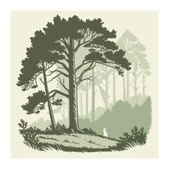 Obraz premium Majestic Pine Tree in Forest with Distant Trees, Tonal Illustration
