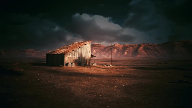 desert shack under stormy sunset sky, isolated ramshackle homestead sits on arid plain with weathered wooden walls, distant mesa and mountain range backdrops,