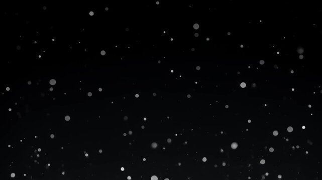 Cinematic white dust particles on black background, floating organic bokeh speckles, ethereal snow and glitter overlay for video editing 4k