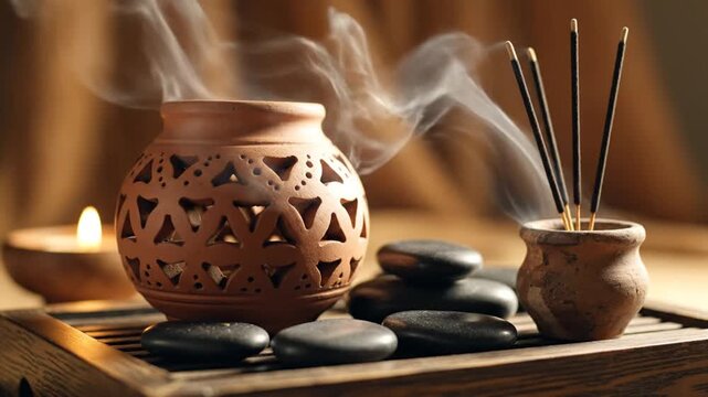 Serene Aromatherapy Setup with Incense and Stones.