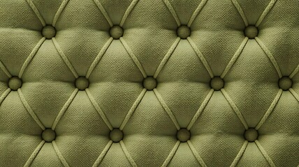 Fototapeta premium Button tufted Olive green color fabric background – seamless texture of cloth textile material. Long wide natural canvas backdrop of woven linen cloth swatch.