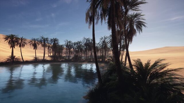 calm desert oasis at sunrise with reflective water, tall palm silhouettes and golden dunes, lagoon edge shimmering, botanist sketching palms on field notebook,