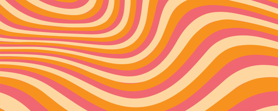 1970 Wavy Swirl Seamless Pattern in Orange and Pink Colors. Hand-Drawn Vector Illustration. Seventies Style, Groovy Background, Wallpaper, Print. Flat Design, Hippie Aesthetic.