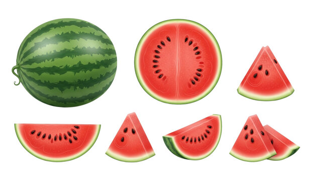 Realistic 3D watermelon vector set with whole, slices, and pieces isolated on white background
