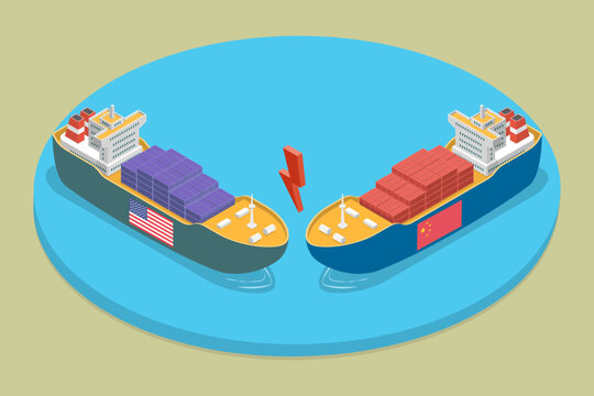 3D Isometric Flat Vector Illustration of USA-China Trade War, Confrontation, Tariffs Against World Countries