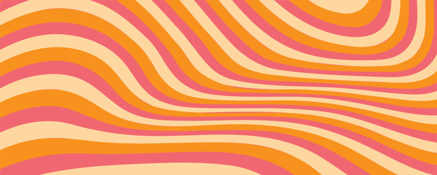 1970 Wavy Swirl Seamless Pattern in Orange and Pink Colors. Hand-Drawn Vector Illustration. Seventies Style, Groovy Background, Wallpaper, Print. Flat Design, Hippie Aesthetic.