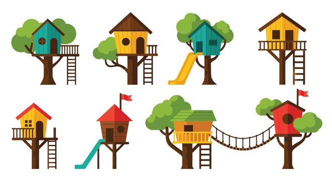 Colorful collection of whimsical treehouses built amongst lush green trees