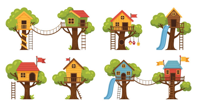 Colorful treehouses connected by bridges and slides whimsical illustration