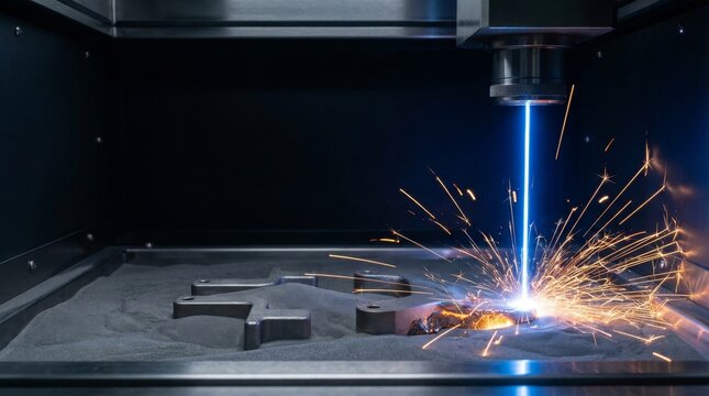 Laser Melting Metal Powder in 3D Printer with Dark Copy Space. Represents additive manufacturing, aerospace engineering, and innovation.
