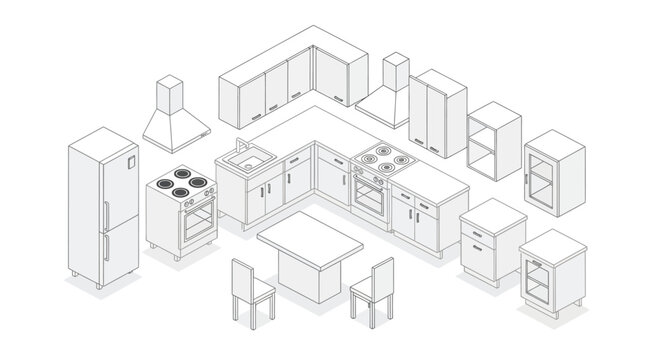 Isometric illustration of a modern kitchen and its individual components
