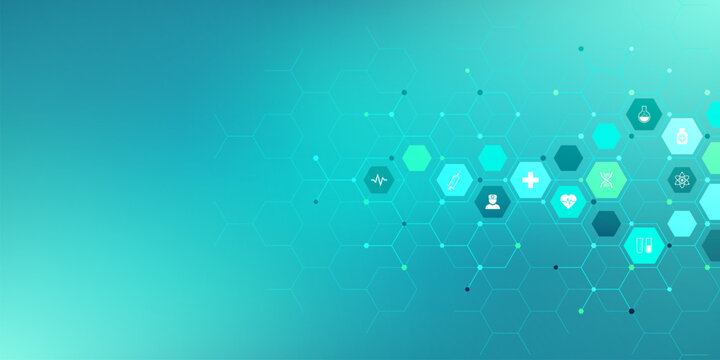 Medical background and healthcare technology with flat icons and symbols. Concept and idea for health care business, innovation medicine, health safety, science, medical research, and development.