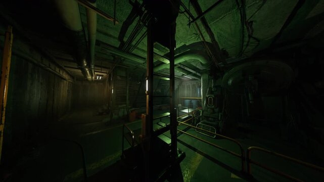 deep sea station corridor pressure silence, reinforced hull and porthole view with green bloom, tethered cables and submersible access points, damp metal